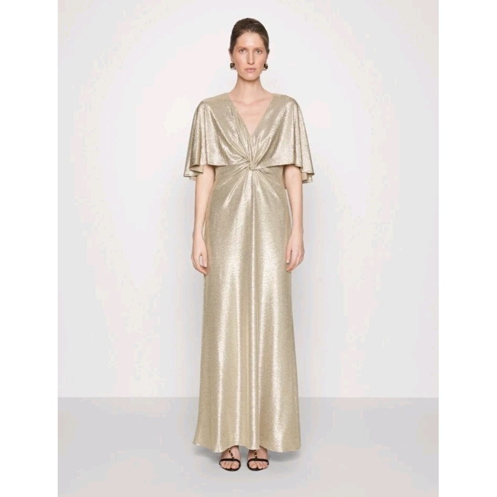 NEW Lauren Ralph Lauren Women's Foil-Print Jersey Cape Gown Gold Metallic Sz 10